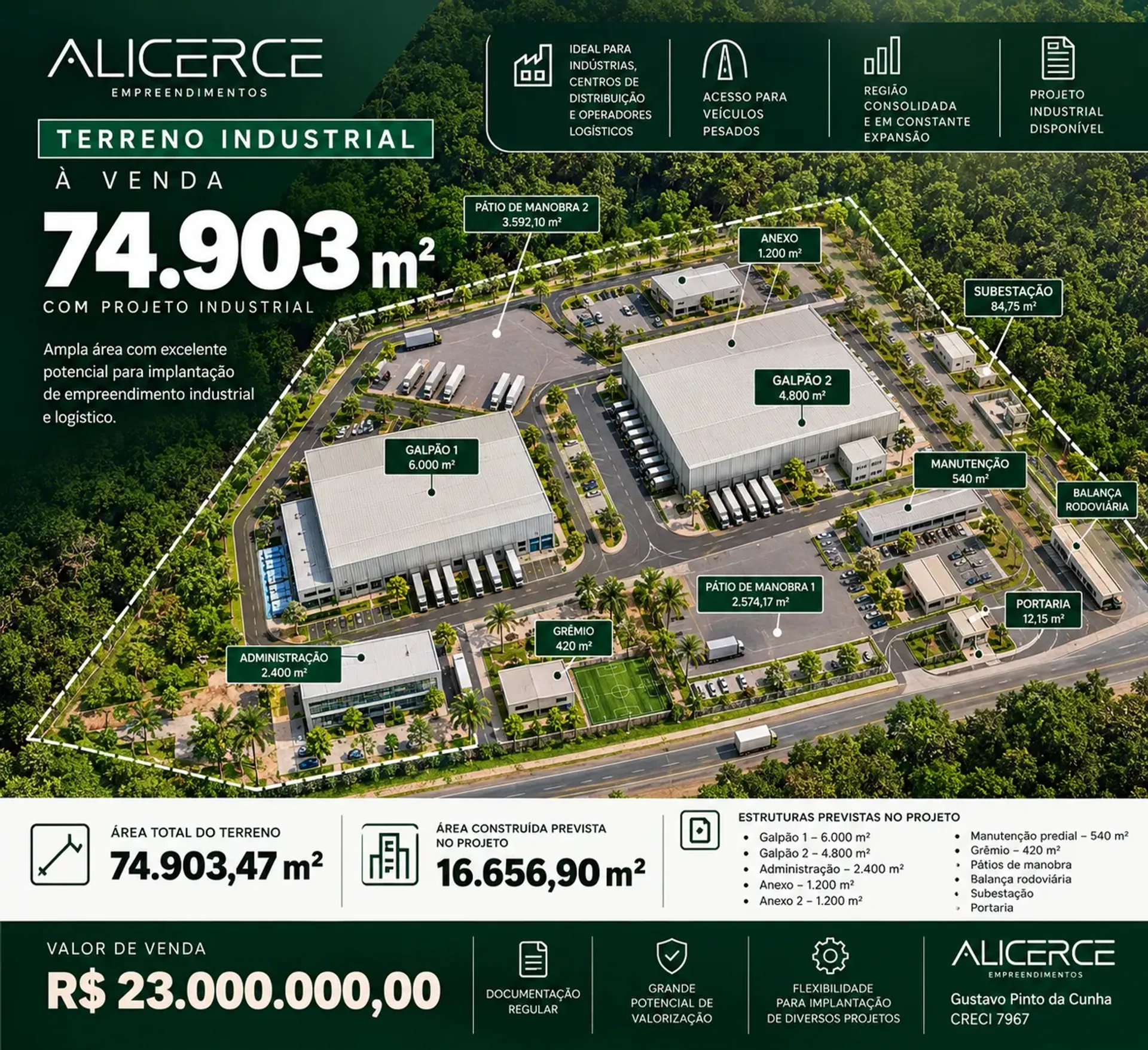 Apresentação ilustrativa do projeto industrial do anúncio. Consulte o corretor sobre o terreno e a viabilidade.
